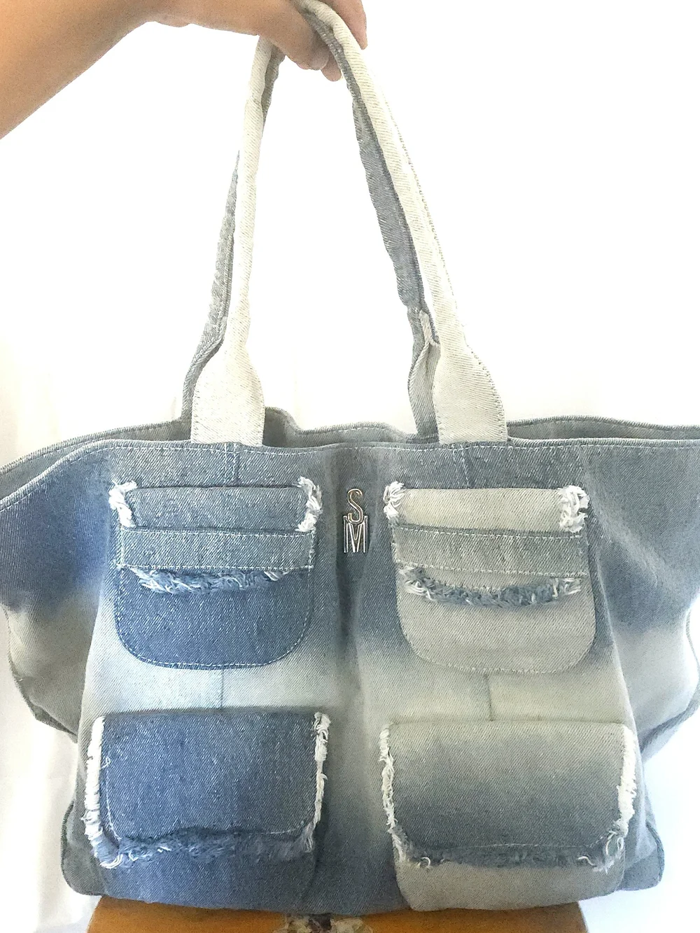 Denim Patchwork Tote Bag in Faded Blue